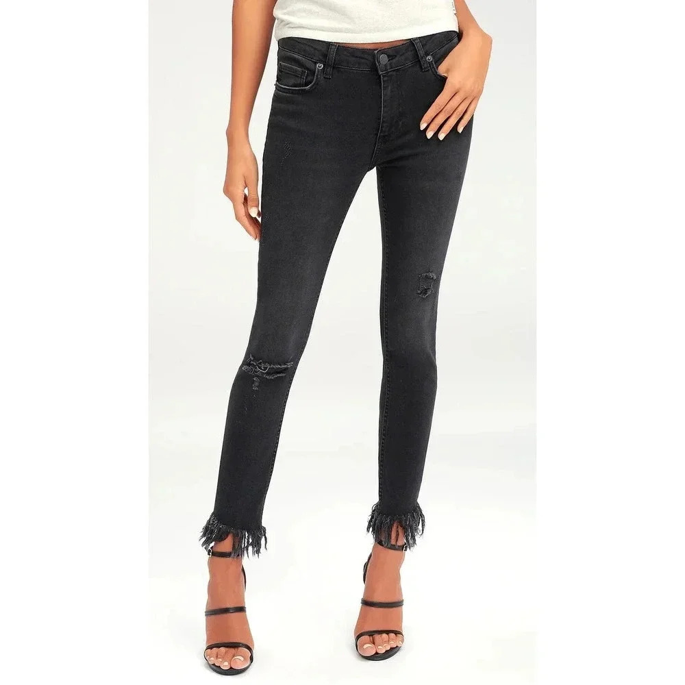 Free People Great Heights Frayed Skinny Jeans Black As Night Size W29
